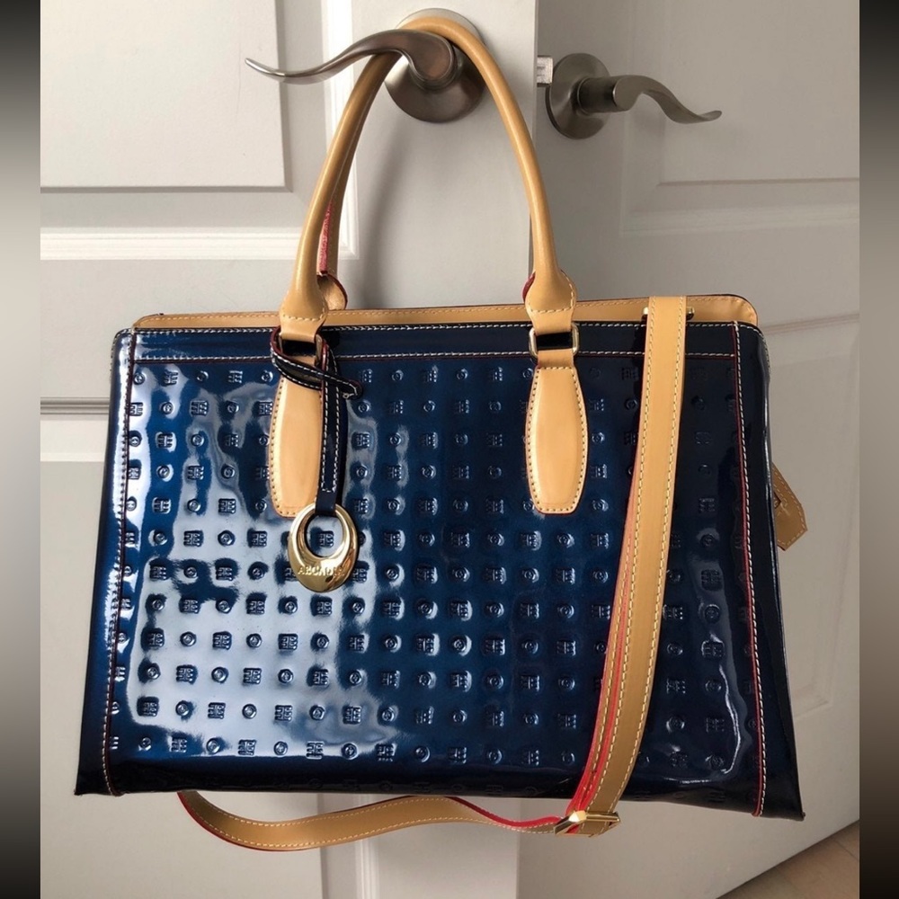 Arcadia ocean blue patent leather business tote bag Italy